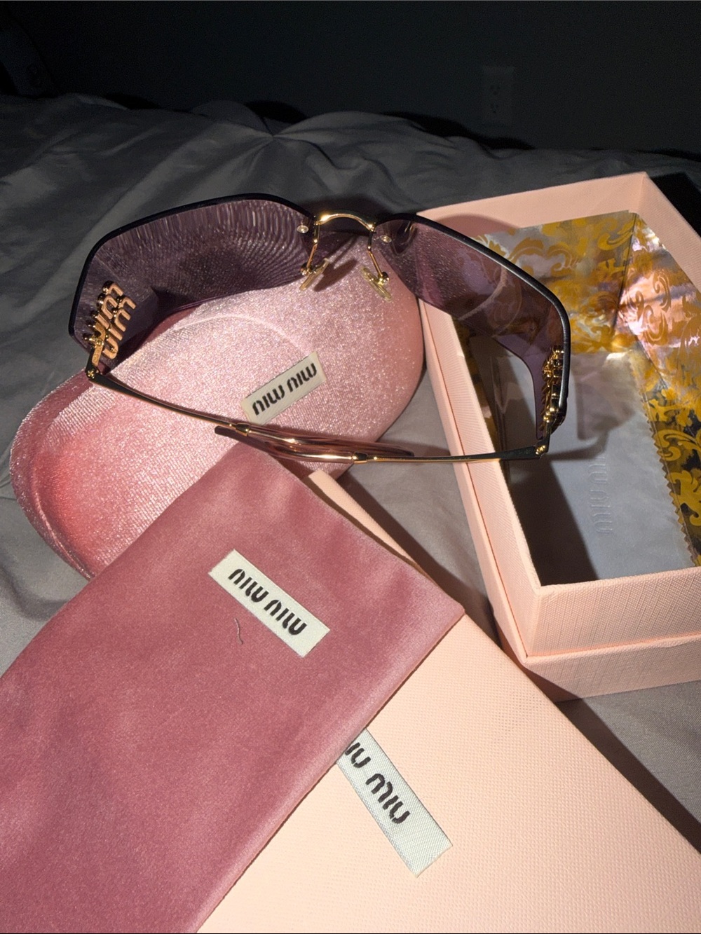 Miu Miu Purple Rimless Shield Sunglasses with Gold Logo Accent - Picture 7 of 7